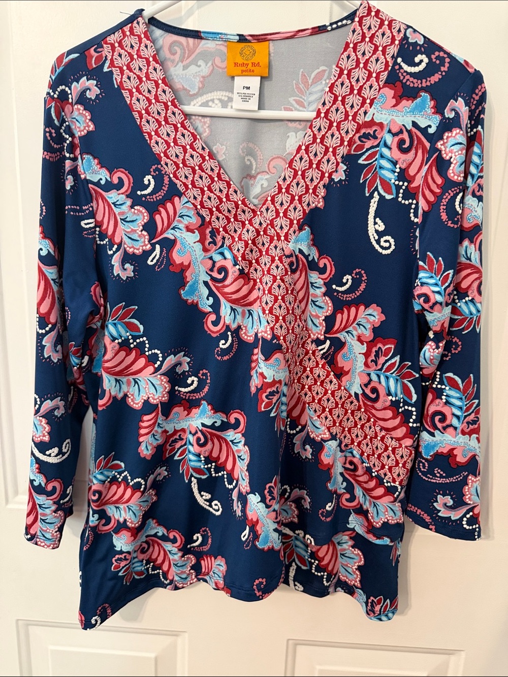 Ruby Rd. Navy Floral V-Neck Long Sleeve Top - Red & Light Blue Paisley